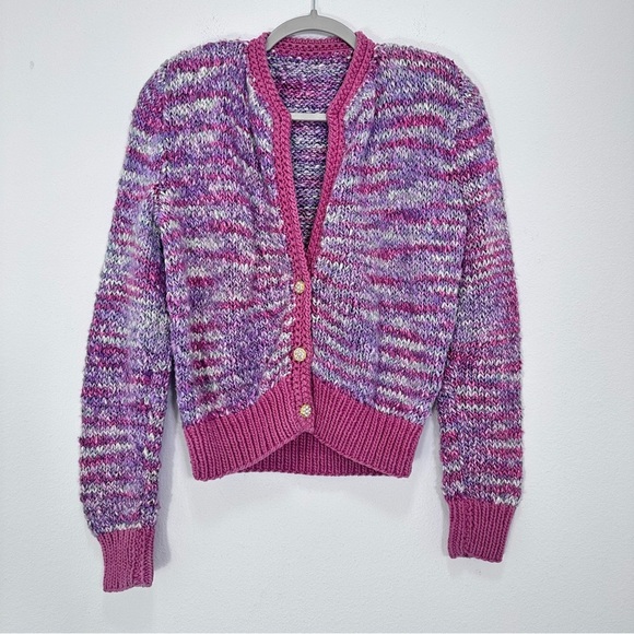 Hand Crafted Sweaters - Hand Made Chunky Knit Grandma Cardigan Pink Purple V Neck Cozy Cottagecore